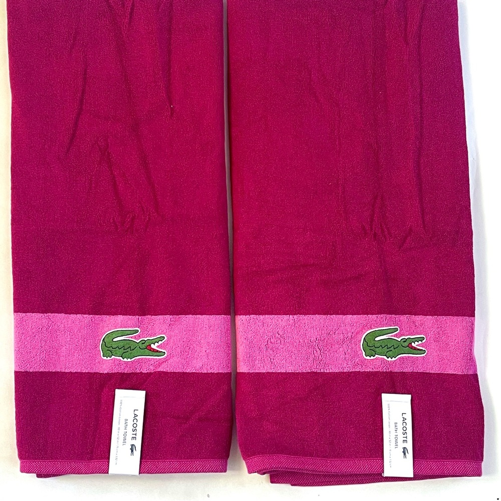 LACOSTE Bath Towels 2-Pack Big Crocodile Logo 30"x 52" Magenta Pink Cotton NWT
